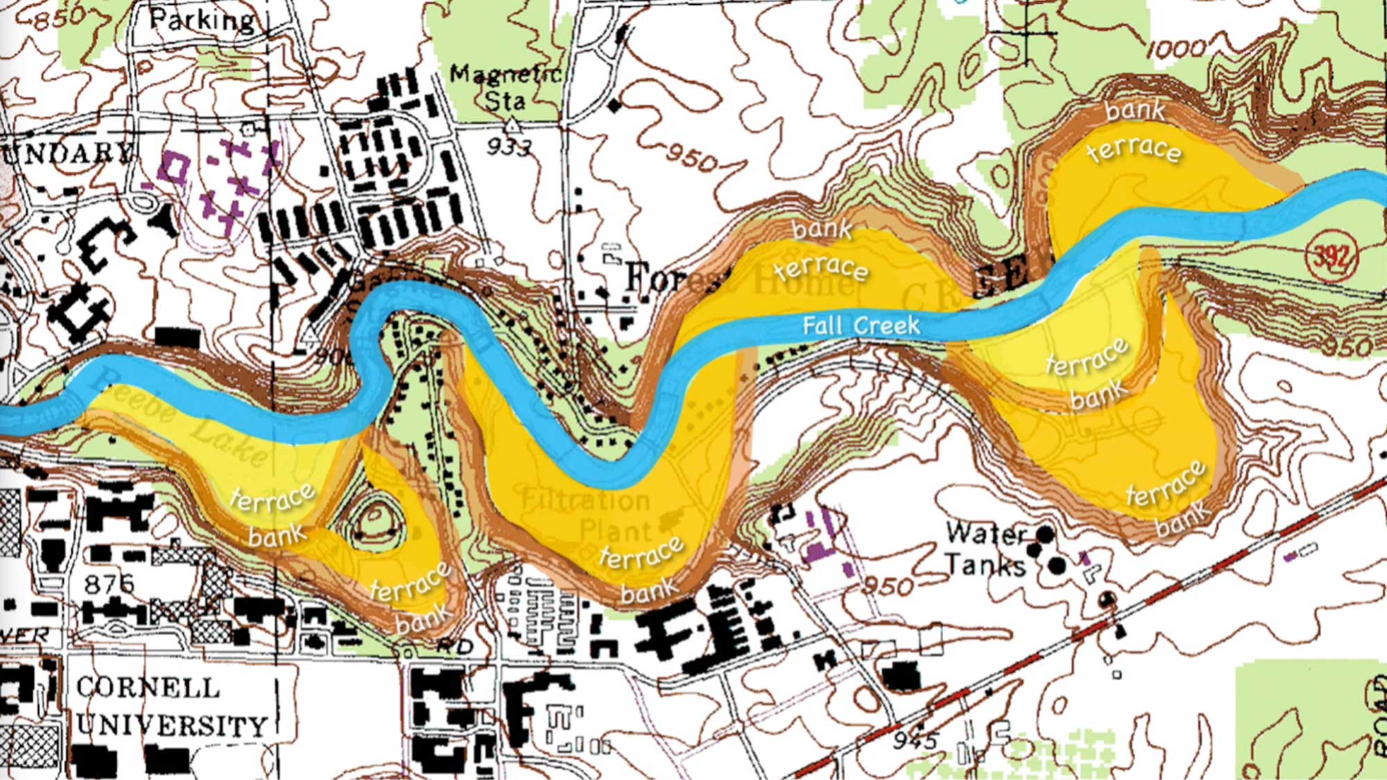 Topographic map showing the location of some of Fall Creek’s abandoned stream banks.