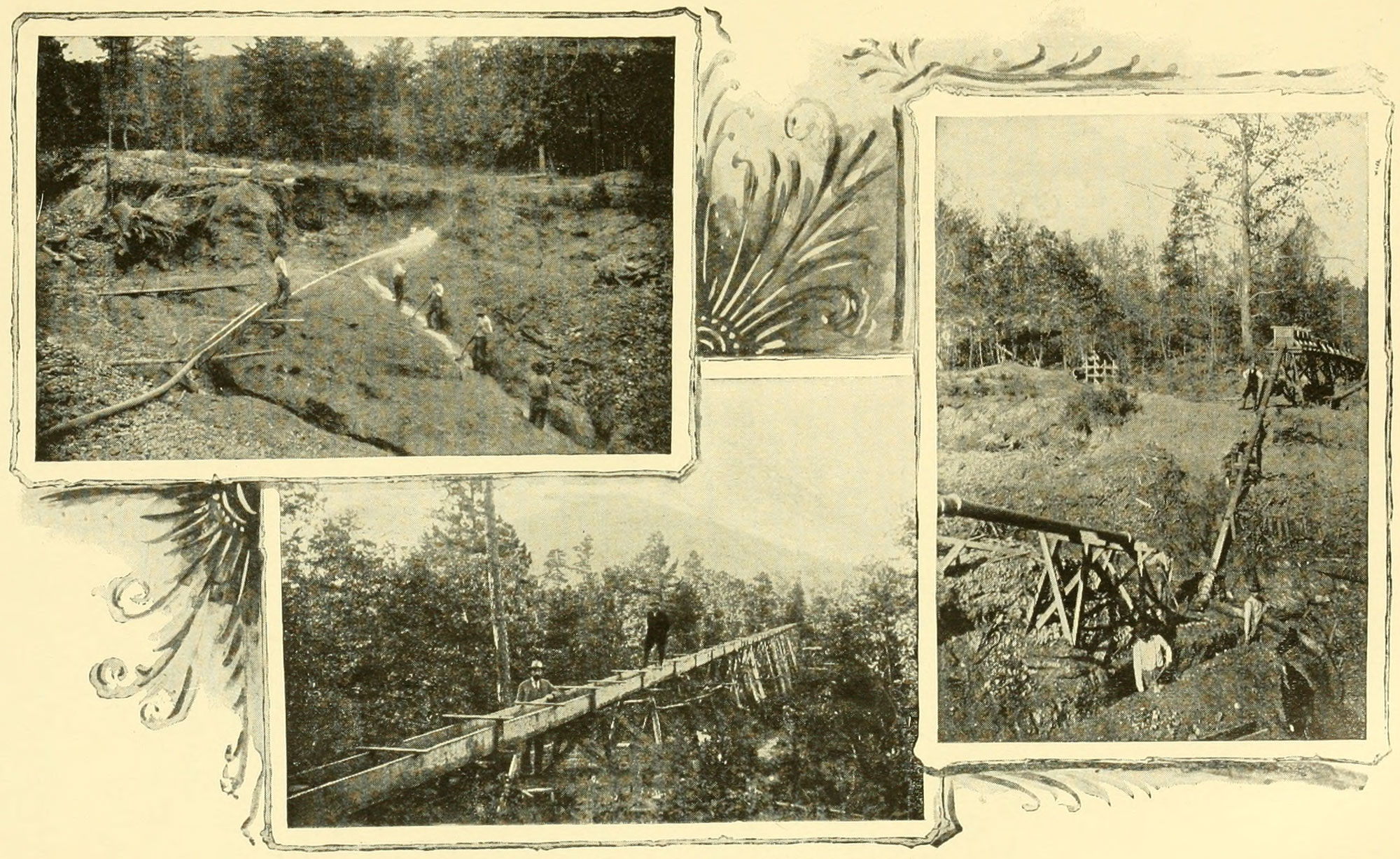 Collage of three black-and-white photos of sluice mining for gold in North Carolina in the 19th century.
