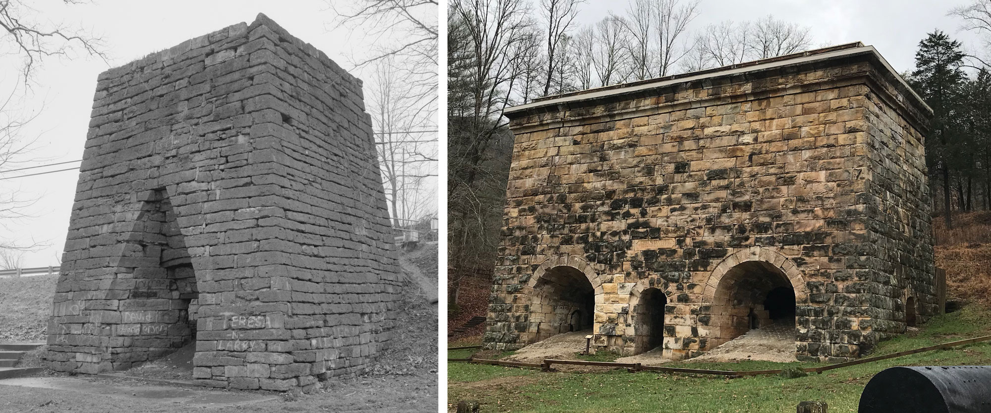 2-Panel figure showing historical iron furnaces in Kentucky. Panel 1: Black and white photo of furnace with one chimney and tapered opening. Panel 2: Color photo of furnace with two large, arched opening flanking one small arched opening.