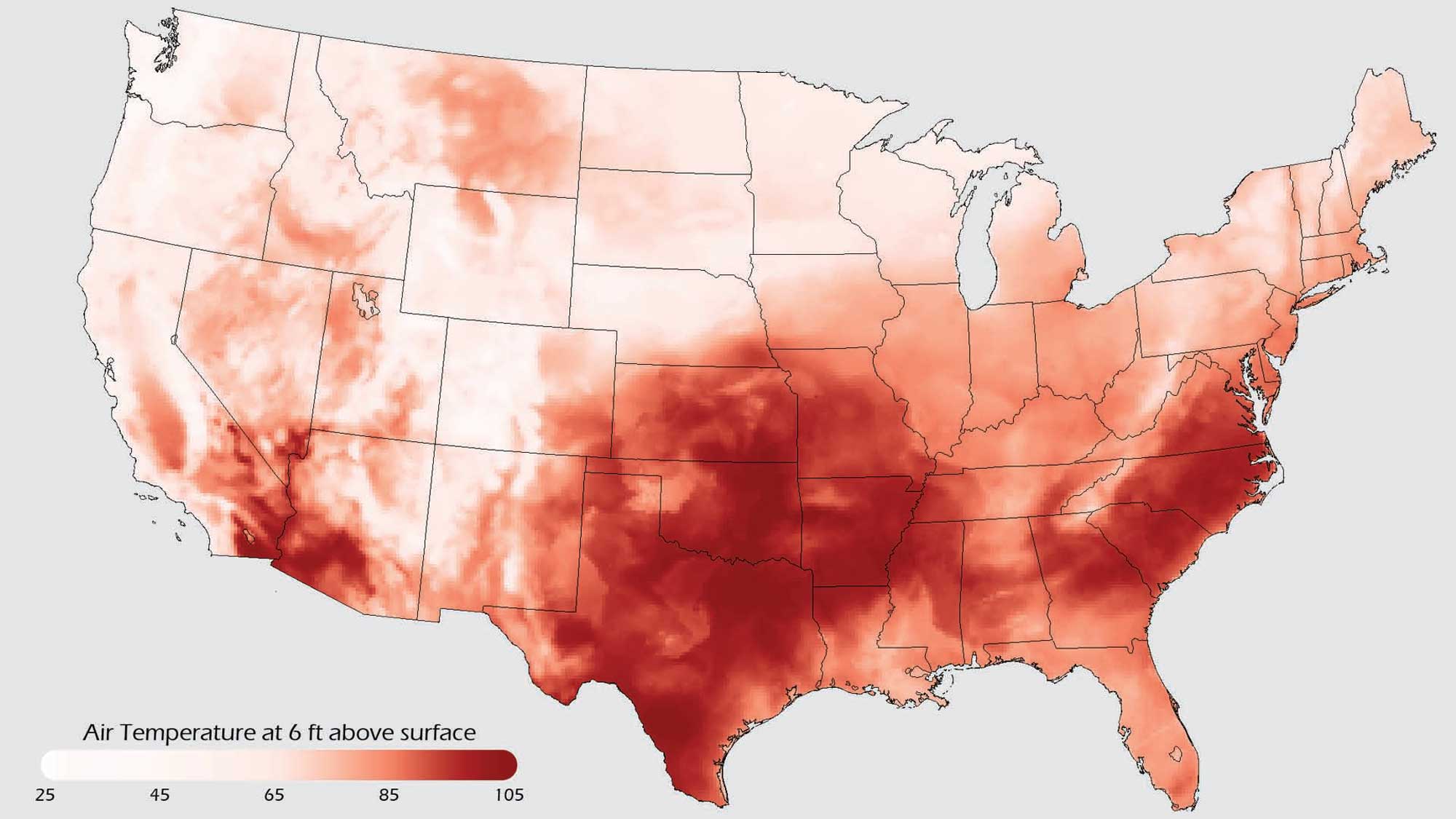 Map showing air temperatures across the United States during July 2011.