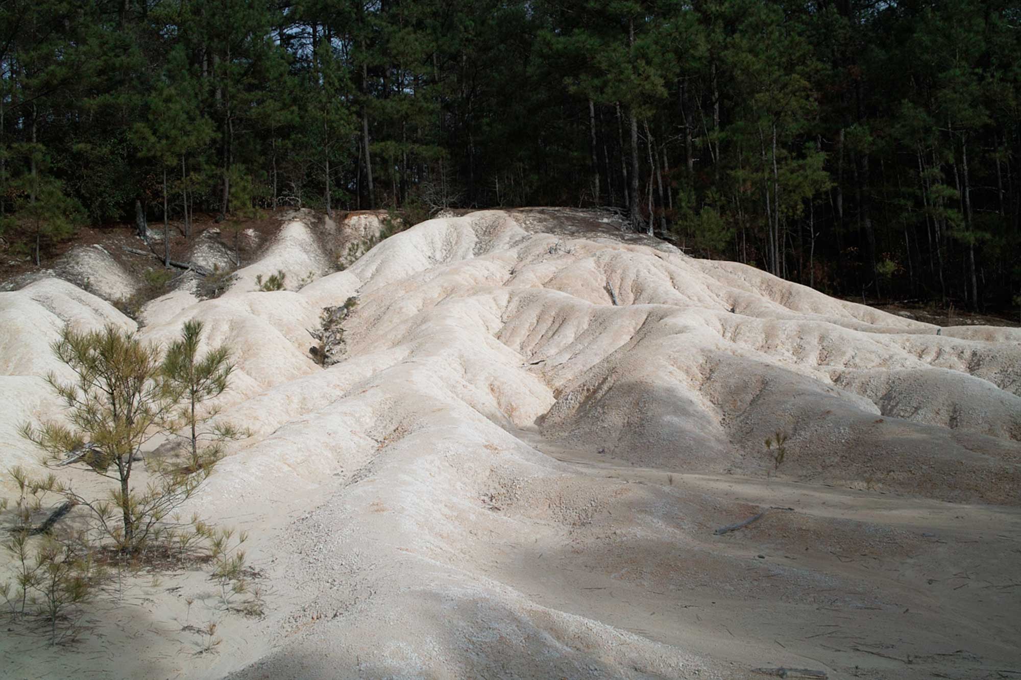 Photograph of kaolin tailings at an old open-pit mine in Aiken, South Carolina.