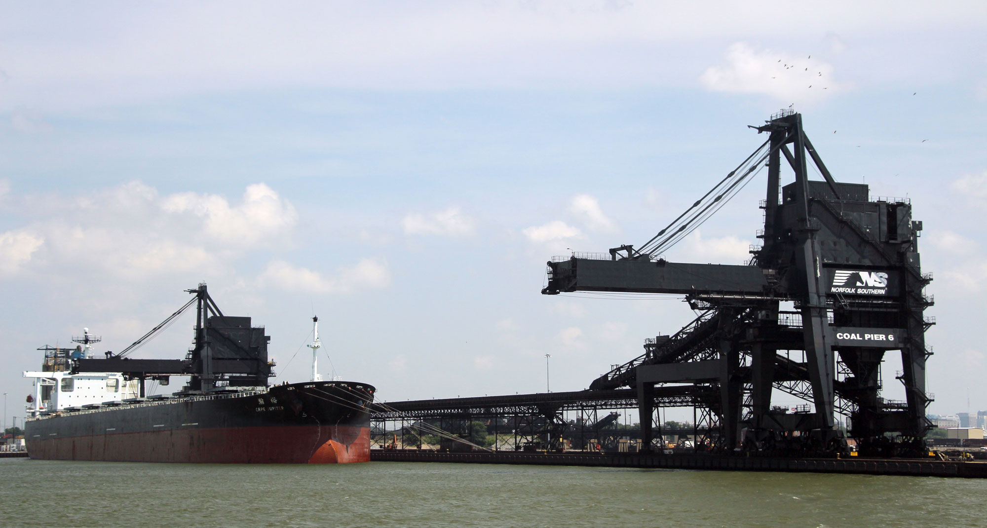 Photograph of a ship docked at Coal Pier 6 of the Lamberts Point Coal Terminal in Virginia.
