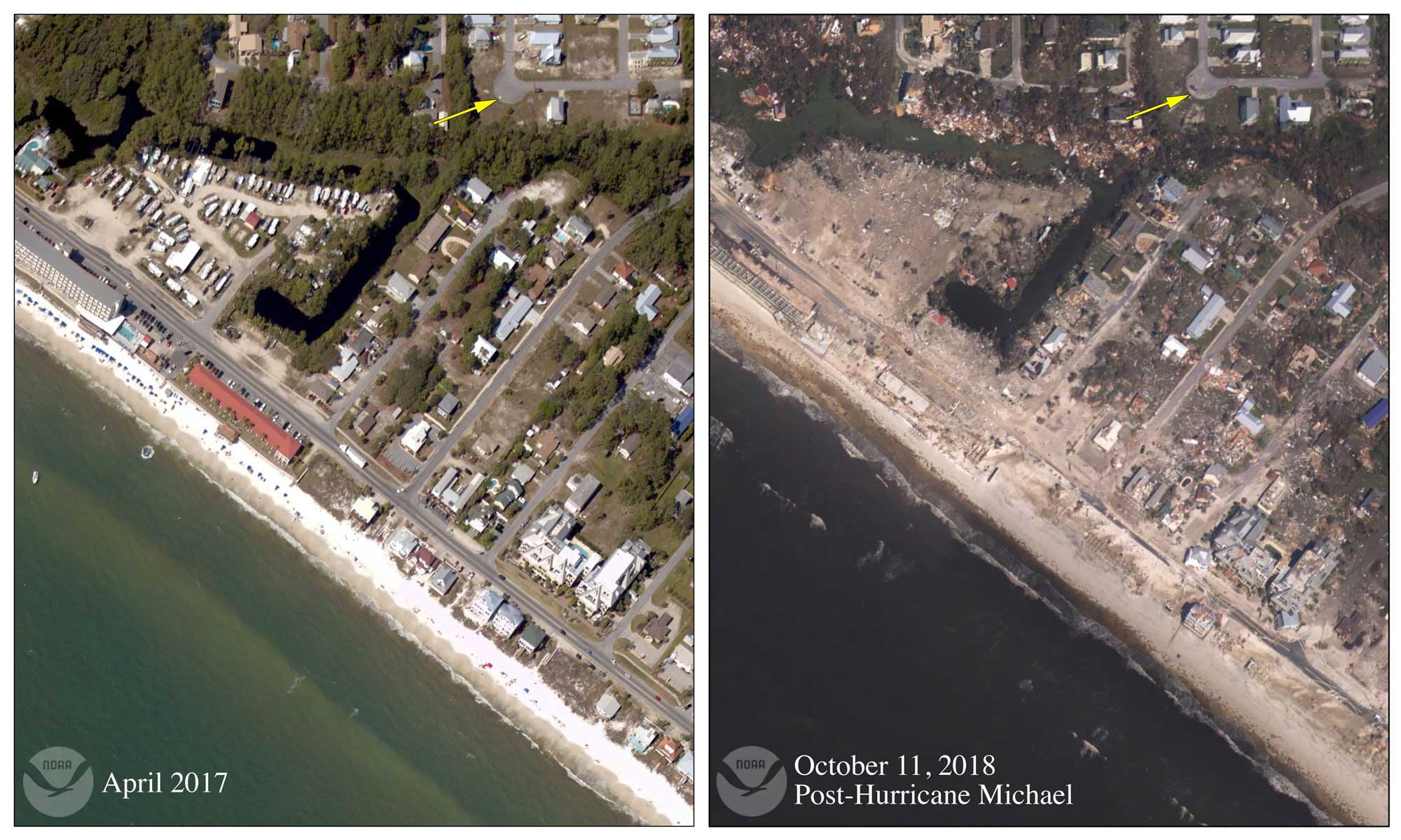 Two images showing Mexico Beach, Florida before and after Hurricane Michael's storm surge on October 10, 2018.