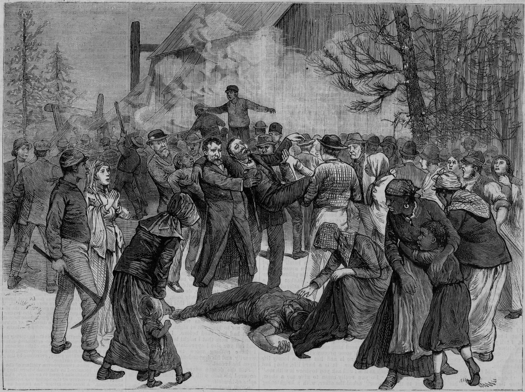 An illustration showing families and rescuers outside of the Grove Shaft, where an explosion took place in a coal mine in 1882.