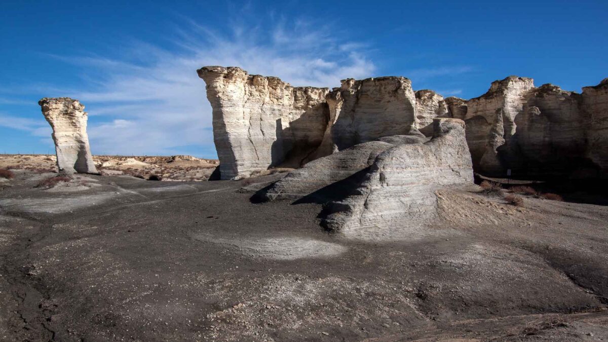 Photograph of Niobrara rock formations at Monument Rocks in Kansas.