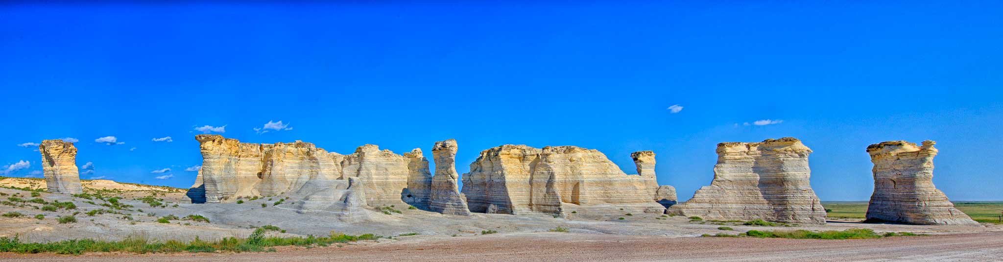 Panoramic photograph of Monument Rocks in Kansas.