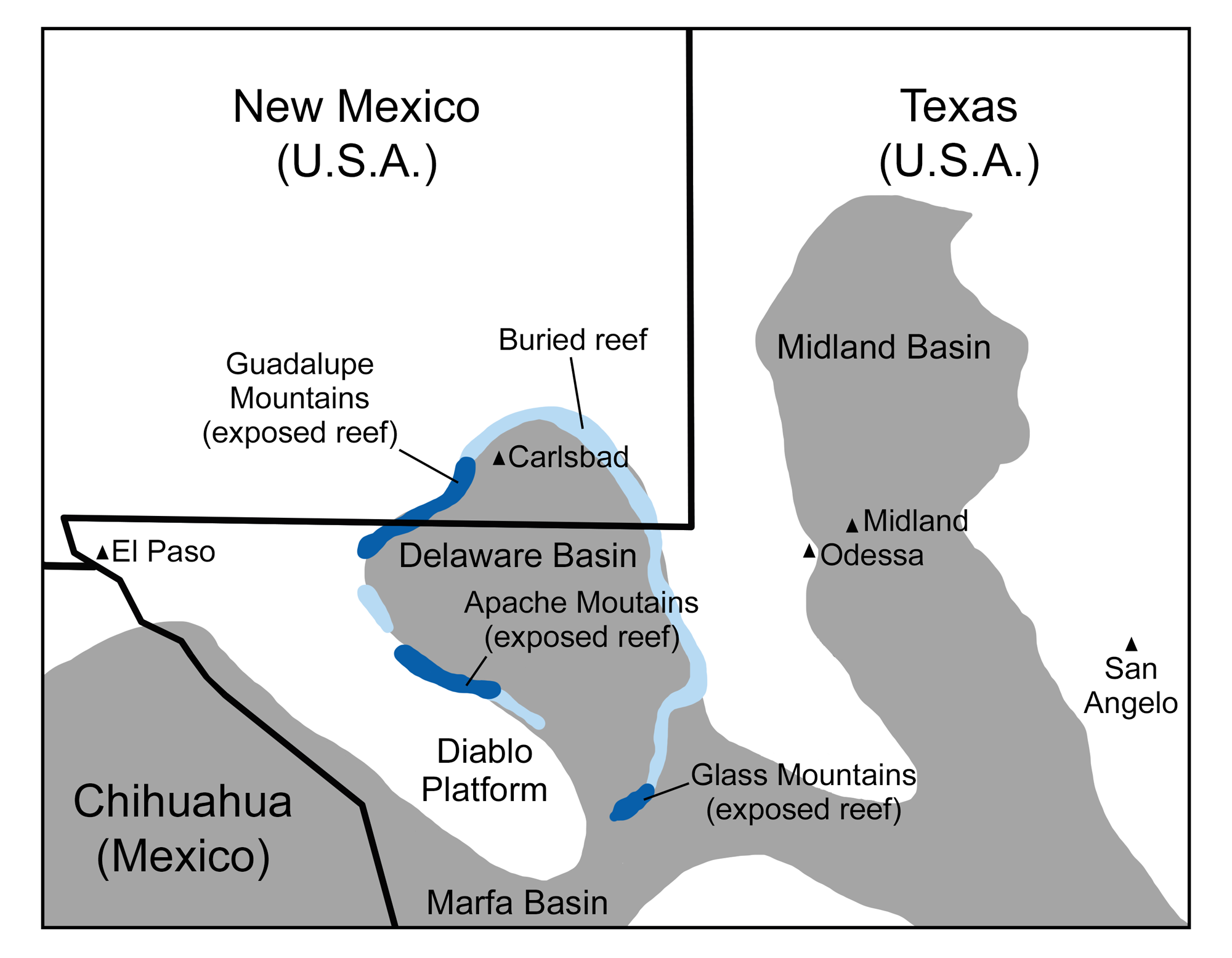 Map showing major Permian reefs and Basins in the Texas-New Mexico-Chihuahua (Mexico) border area. The reefs are on the edge of the Delaware Basin that straddles western Texas and southeastern New Mexico.