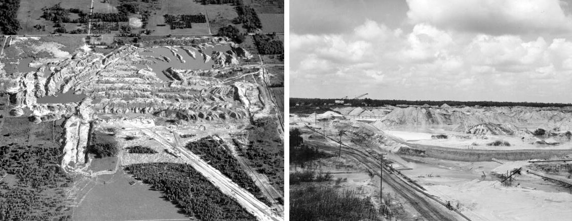 2-Panel image, black and white photos of Florida phosphate mines in the twentieth century. Panel 1: Aerial view of an open-pit mine. Panel 2: Ground-level view of phosphate mounds at a mine.