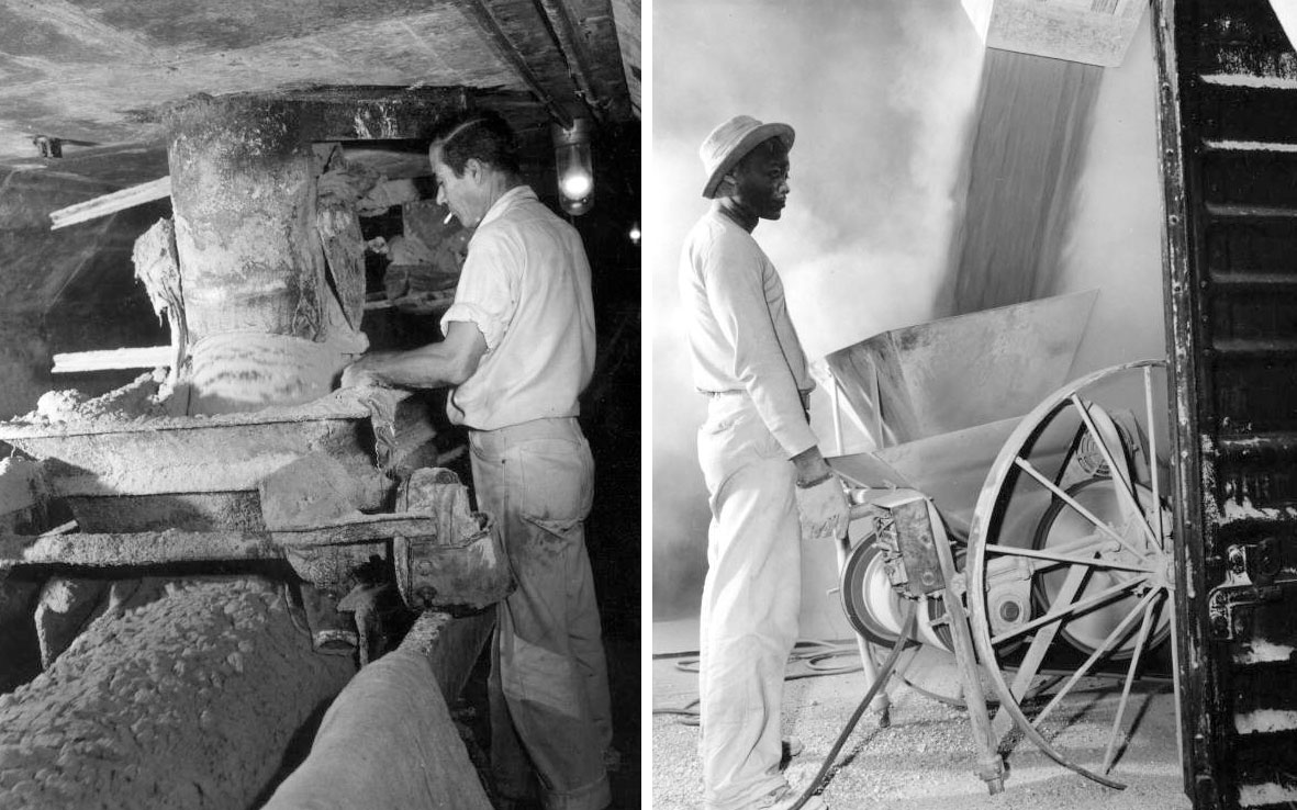 2-Panel image of phosphate mining and milling, mid-20th-century, black and white photographs. Panel 1: Phosphate miner. Panel 2: Phosphate powder being loaded as a worker in the mill watches.