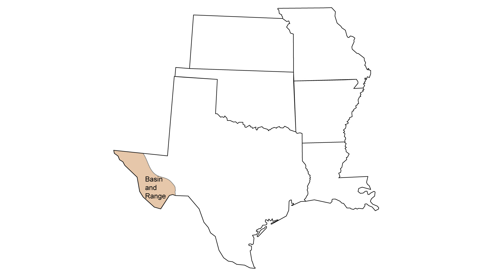 Simple map showing the Basin and Range region of the South Central United States, including a small portion of western Texas.