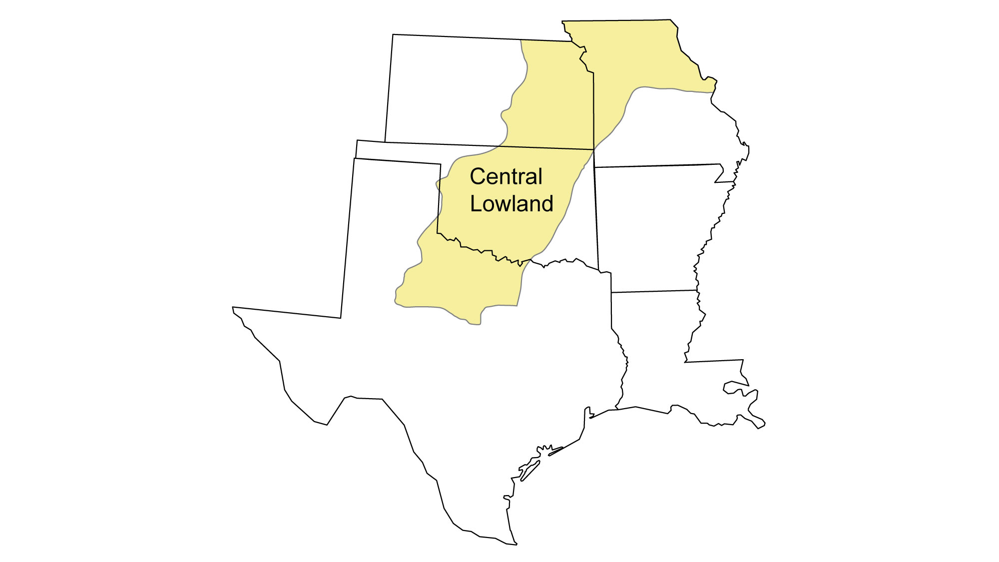 Simple map showing the Central Lowland region of the South Central United States, including all of Louisiana, and portions of Texas, Oklahoma, Kansas, and Missouri.