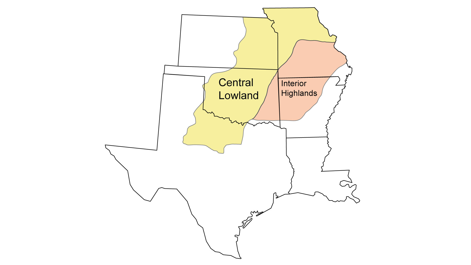 Simple map showing the Central Lowland and Interior Highlands regions, which include nearly all of Missouri and Oklahoma, and portions of Kansas, Arkansas, and Texas.