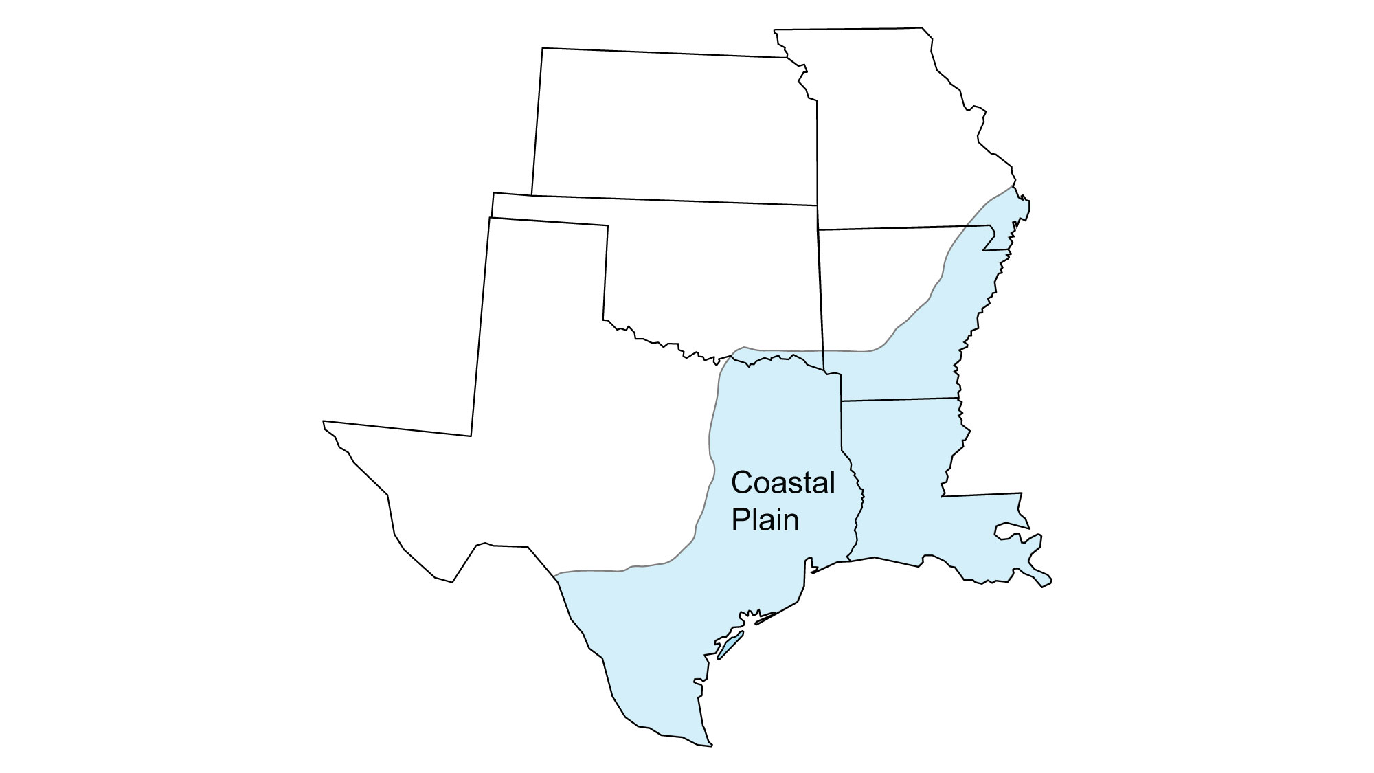 Simple map showing the Coastal Plain region of the South Central United States, including all of Louisiana, and portions of Texas, Oklahoma, Arkansas, and Missouri.