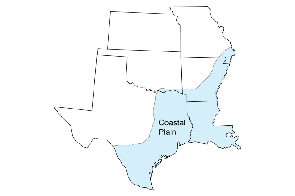 Simple map showing the Coastal Plain region of the South Central United States, including all of Louisiana, and portions of Texas, Oklahoma, Arkansas, and Missouri.