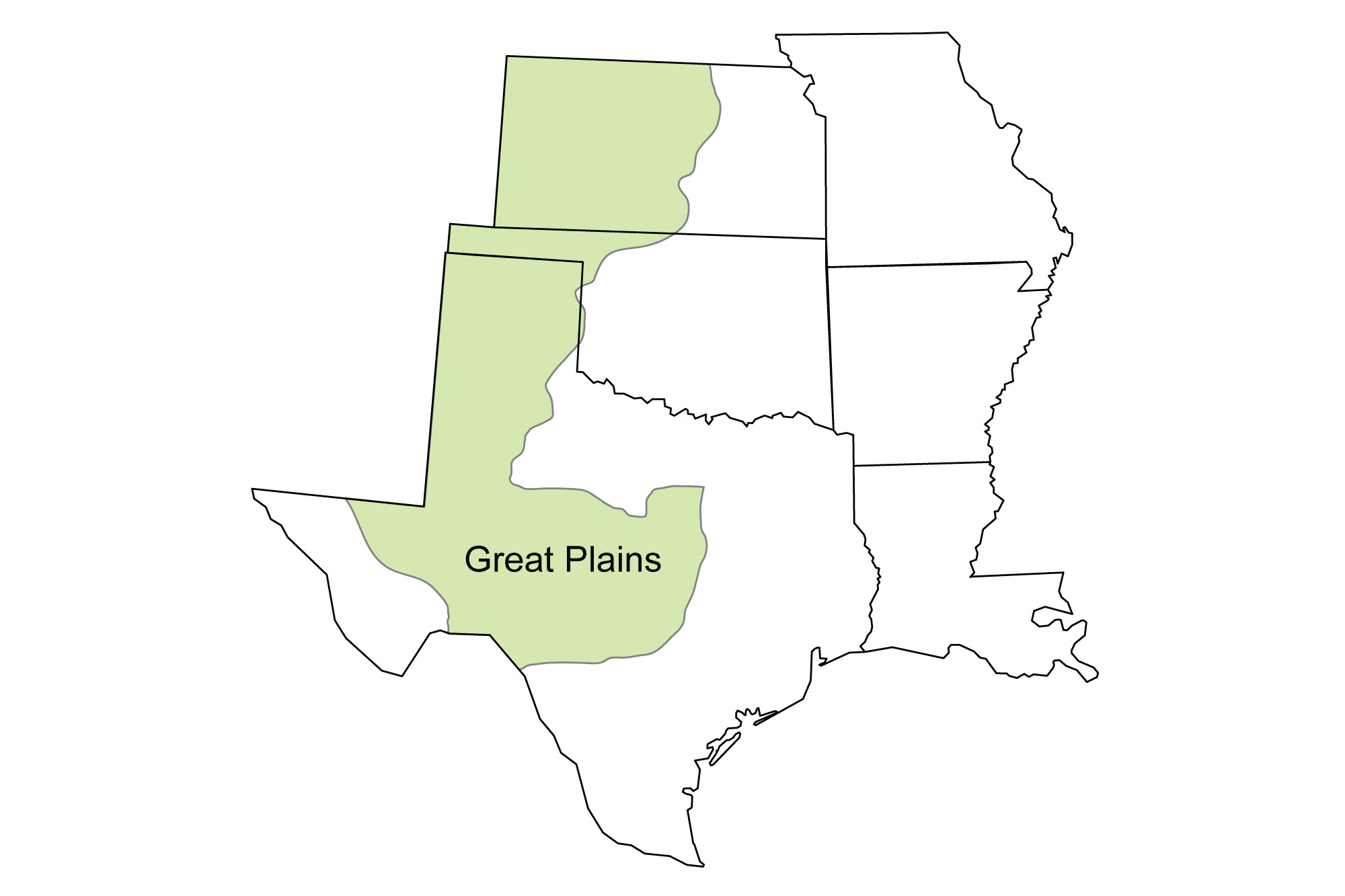 Simple map showing the Great Plains region of the South Central United States, including portions of Texas, Oklahoma, and Kansas.