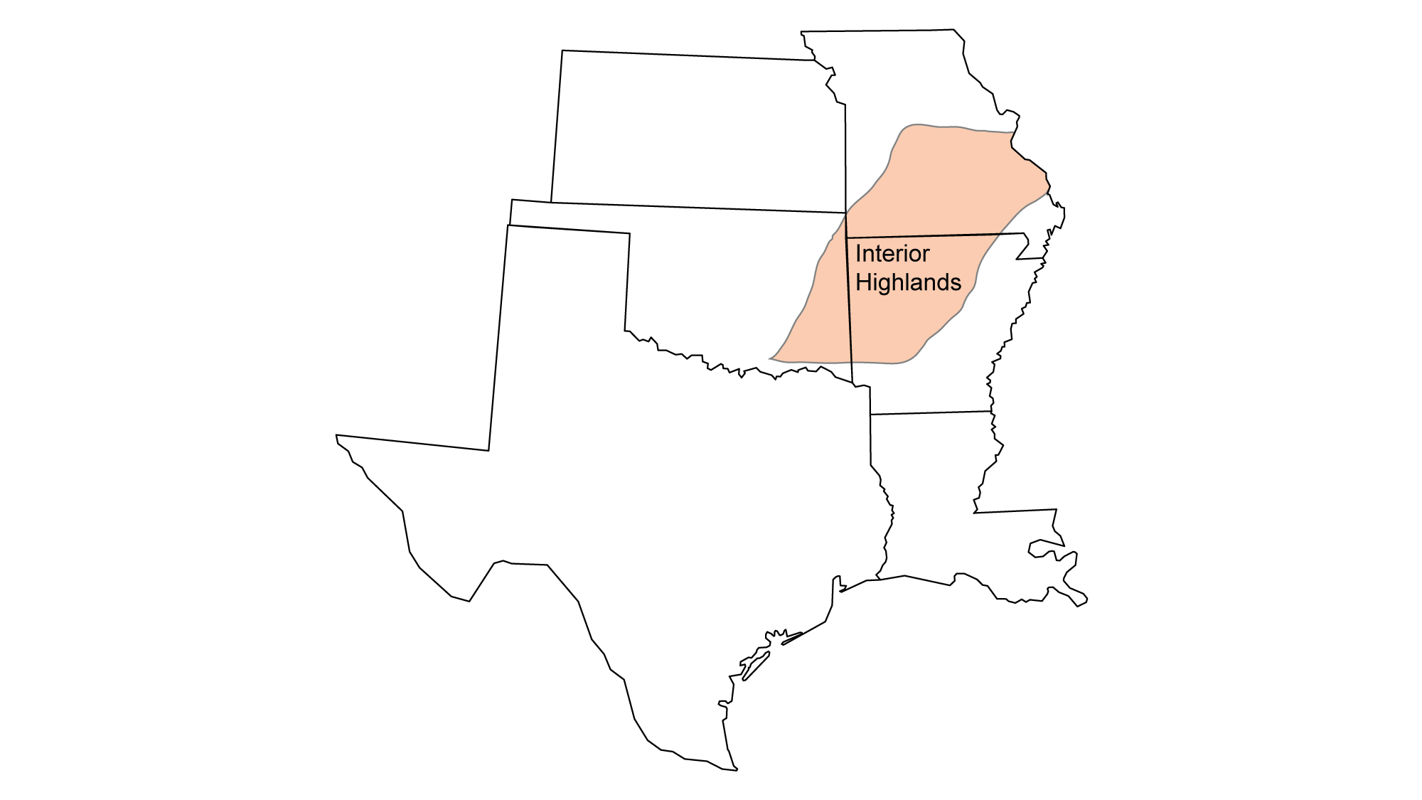 Simple map showing the Interior Highlands region of the South Central United States, including portions of Arkansas, Missouri, and Oklahoma.