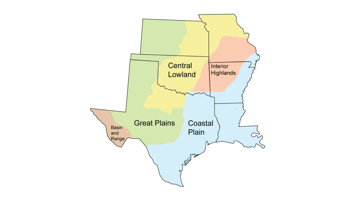 Simple map showing the five different regions of the South Central United States.