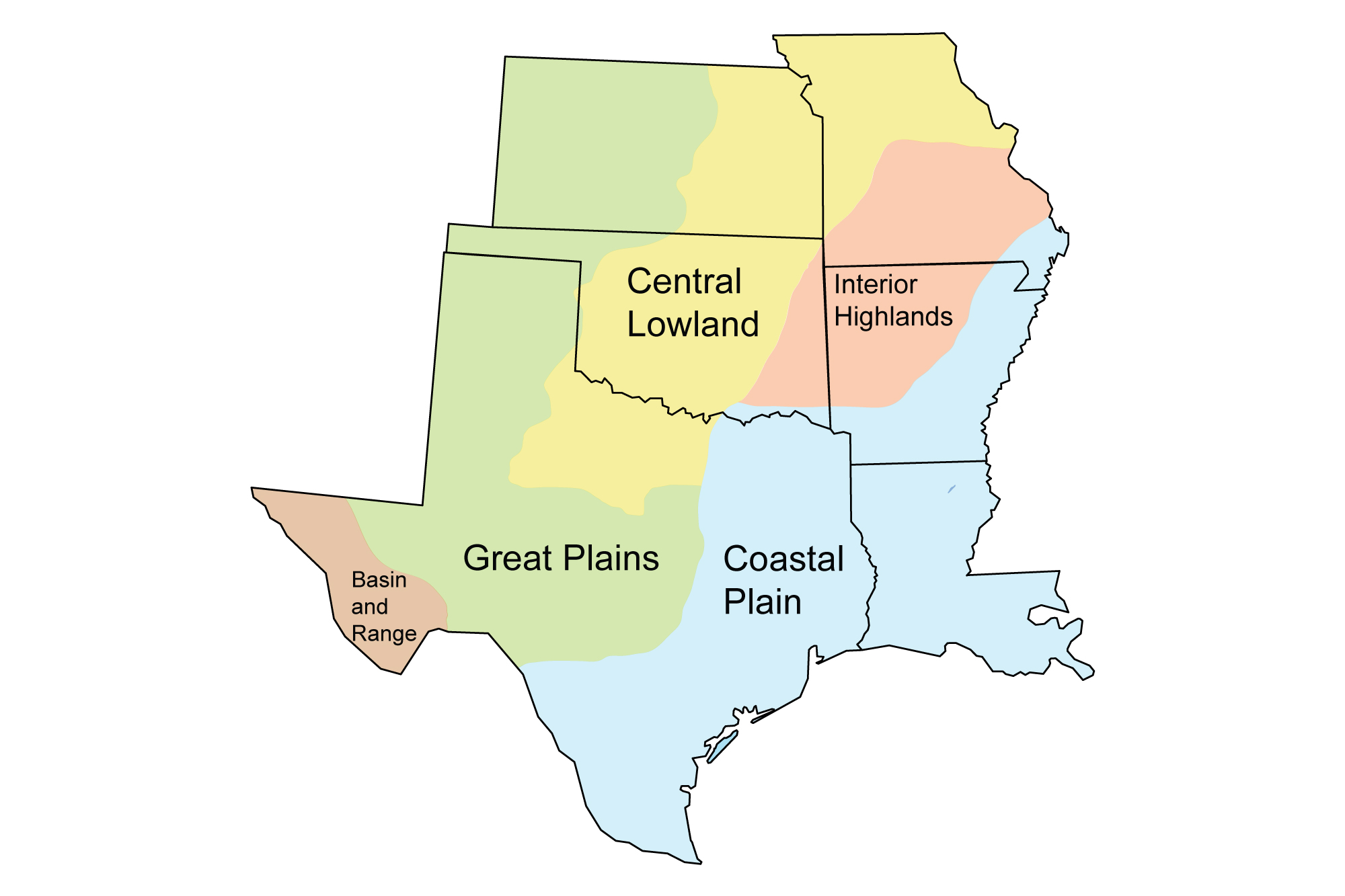 Simple map showing the five different regions of the South Central United States.