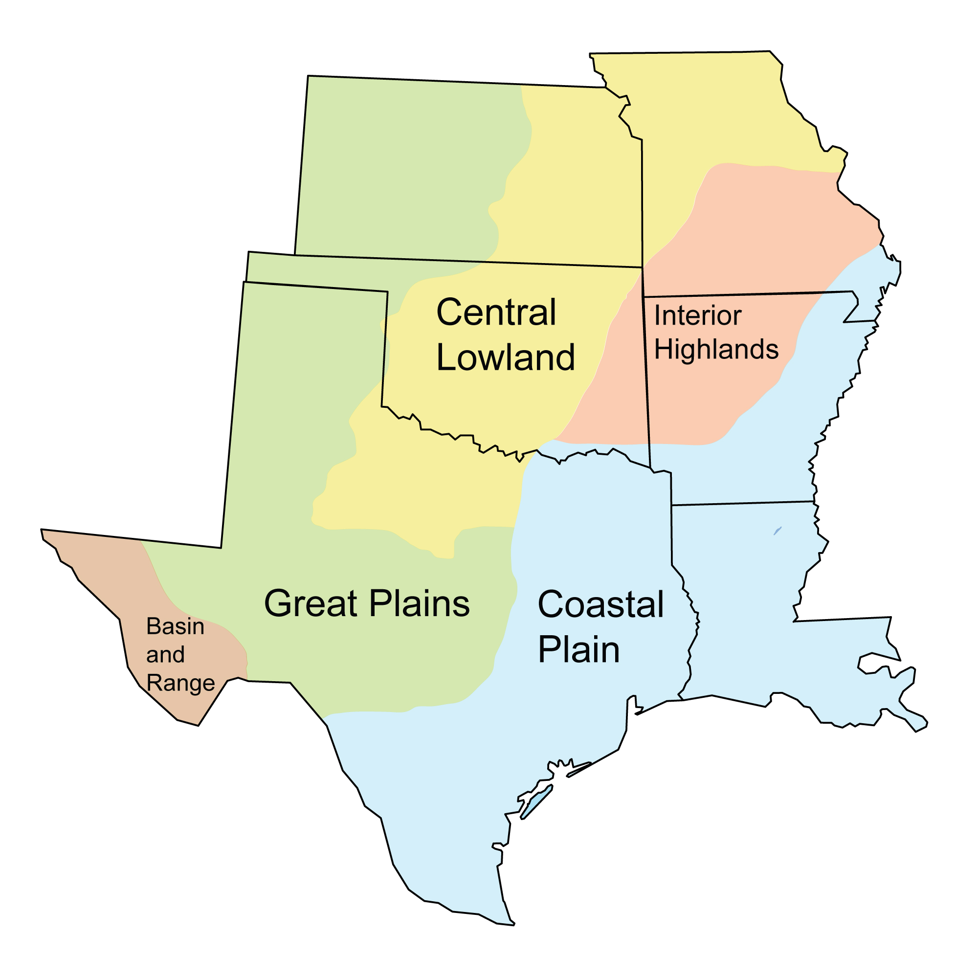 Simple map showing the five different regions of the South Central United States.