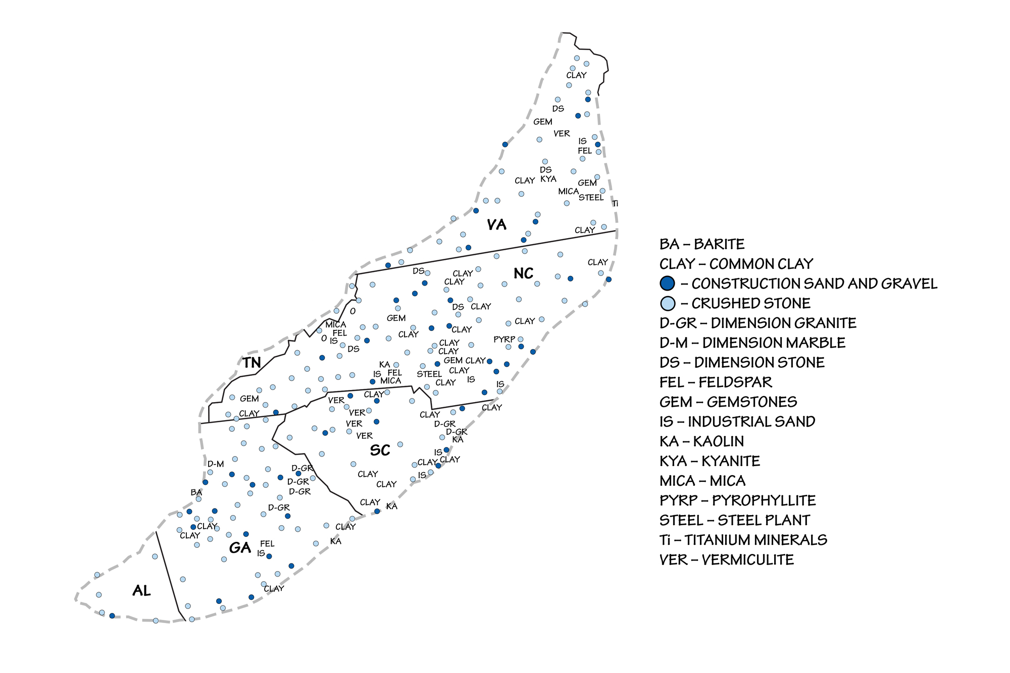 Map that shows the locations of mineral mines in the Blue Ridge and Piedmont regions of the southeastern United States.