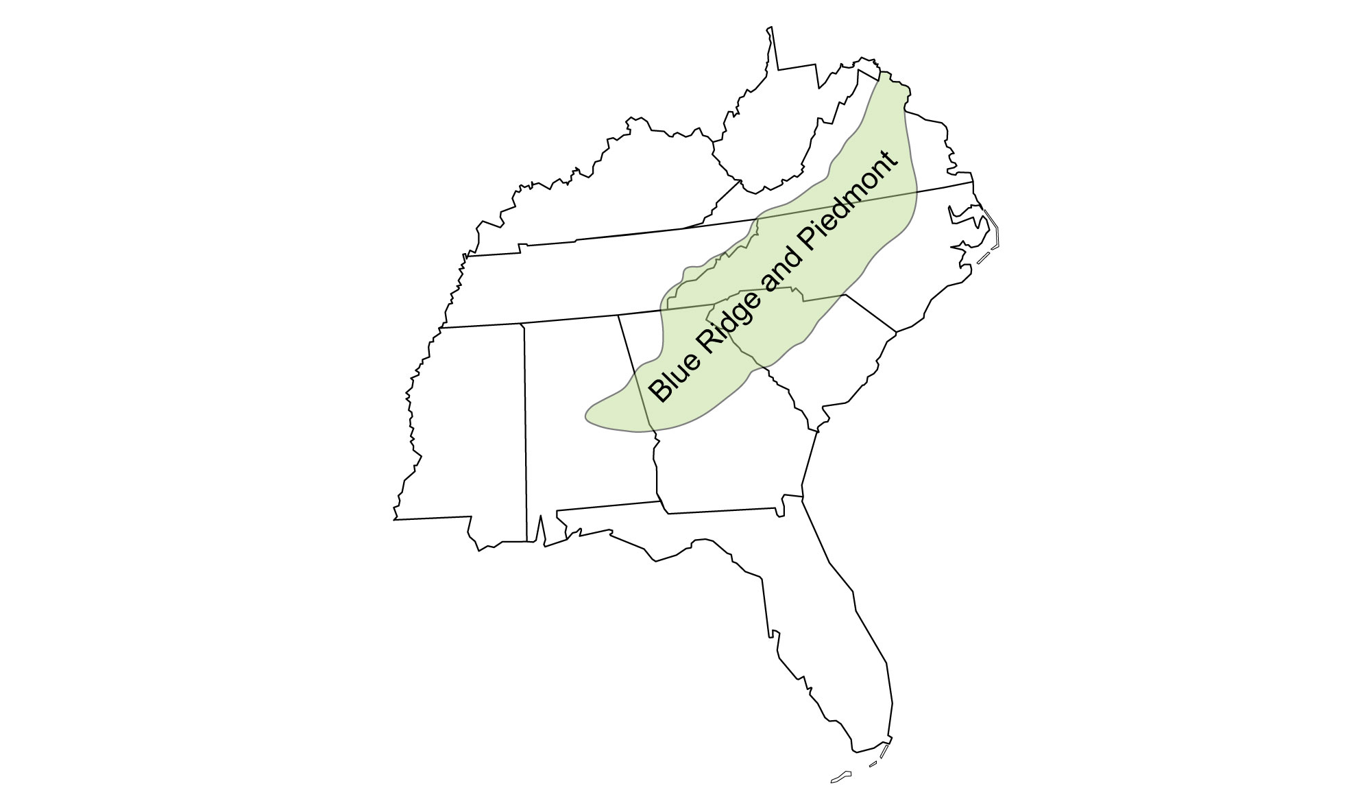 Simple map that shows the extent of the Blue Ridge and Piedmont region of the southeastern United States, which includes much of Virginia, North Carolina, and South Carolina, and portions of Georgia and Alabama.