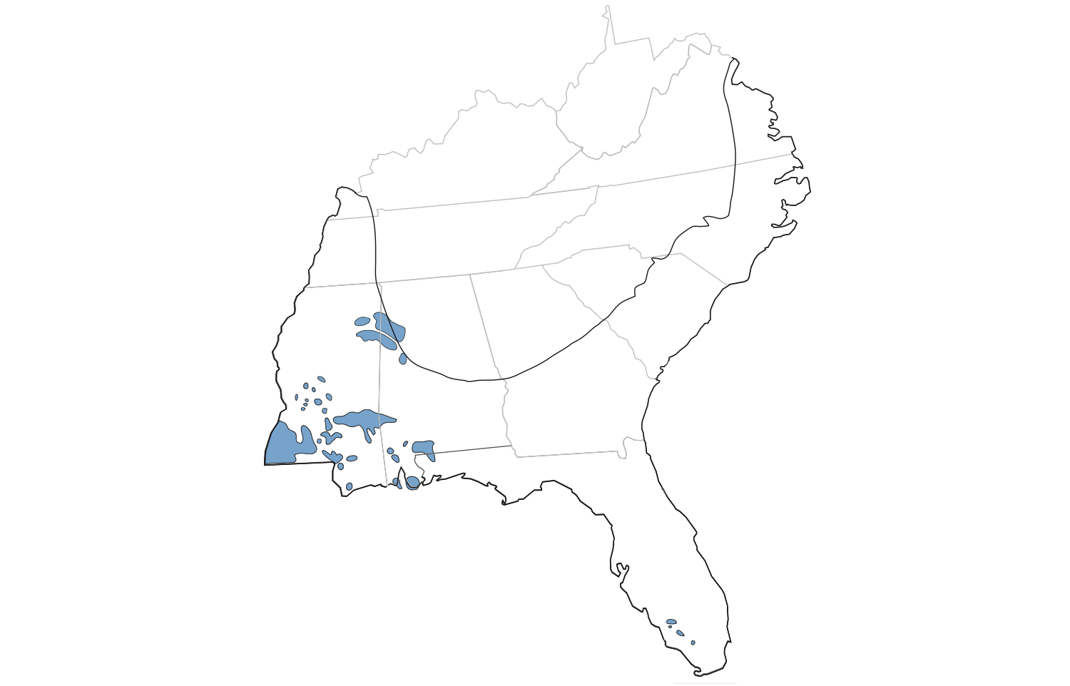 Map of known oil and gas fields in the Coastal Plain region of the Southeastern US. Most are in Mississippi and Alabama.