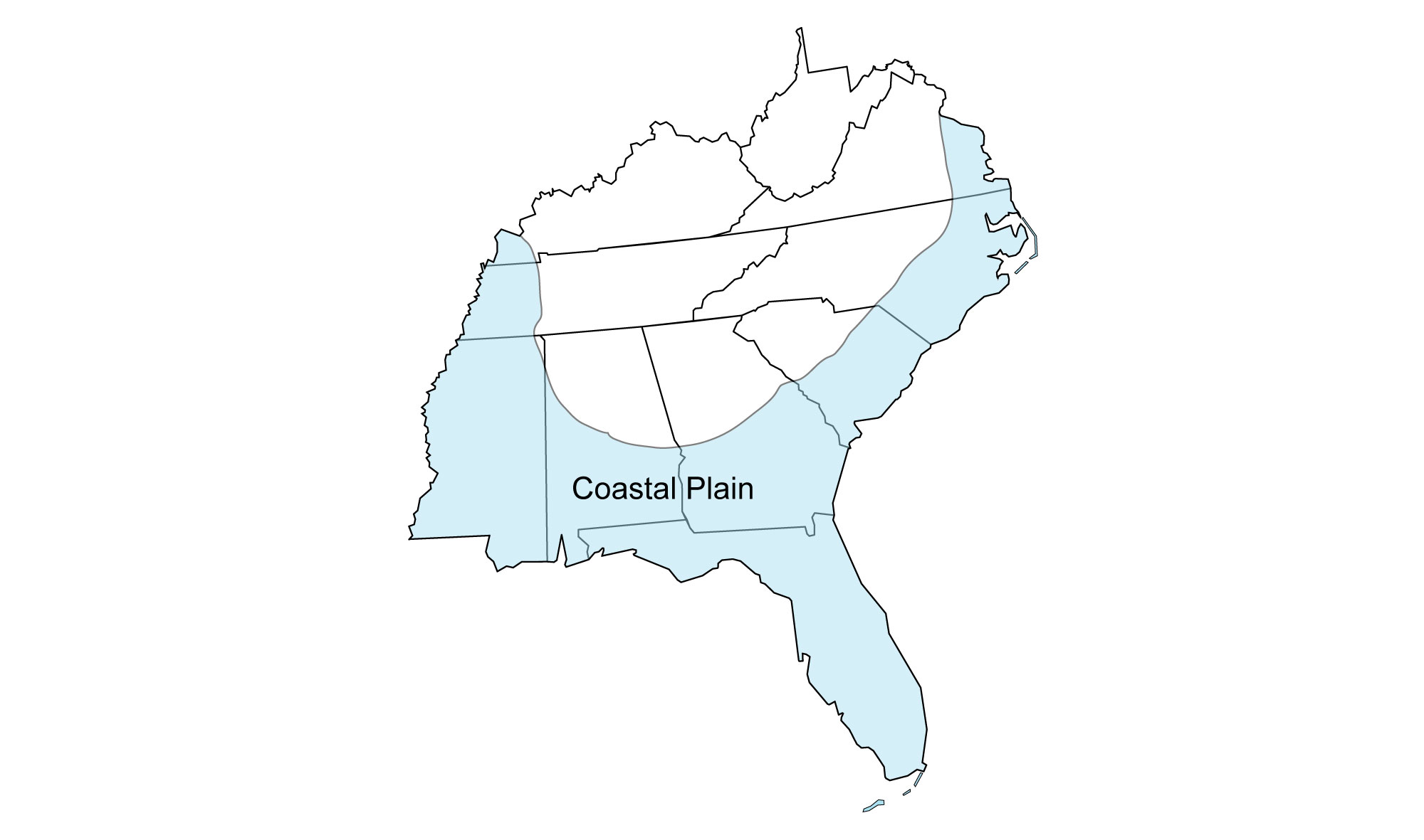 Simple map that shows the extent of the Coastal Plain region of the southeastern United States, which includes all of Florida, most of Mississippi, and portions of Kentucky, Tennessee, Alabama, Georgia, South Carolina, North Carolina, and Virginia.