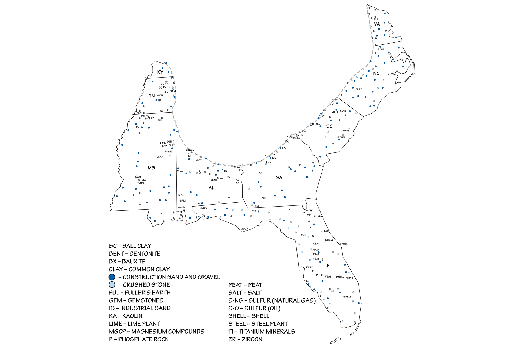 Map showing the locations of mines in the Coastal Plain region of the southeastern United States.