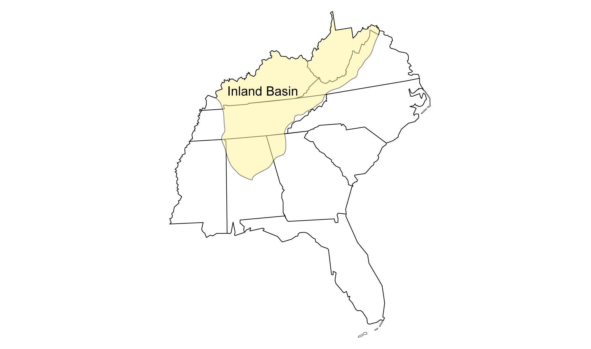 Simple map that shows the extent of the Inland Basin region of the southeastern United States, which includes all of West Virginia, most of Kentucky and Tennessee, and portions of Virginia, Georgia, Alabama, and Mississippi.
