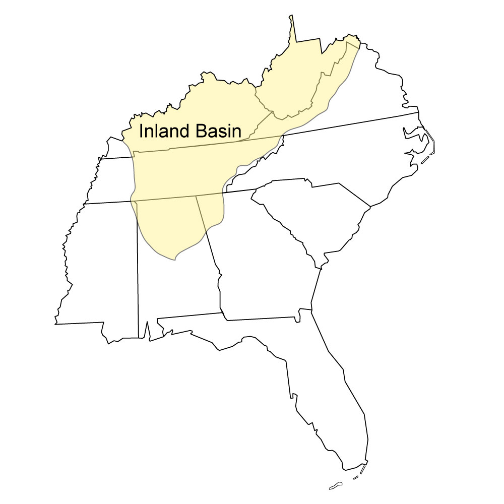 Simple map that shows the extent of the Inland Basin region of the southeastern United States, which includes all of West Virginia, most of Kentucky and Tennessee, and portions of Virginia, Georgia, Alabama, and Mississippi.