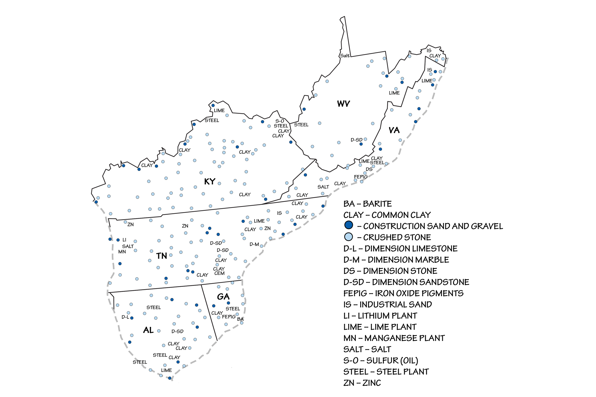 Map that shows the locations of mineral mines in the Inland Basin region of the southeastern United States.