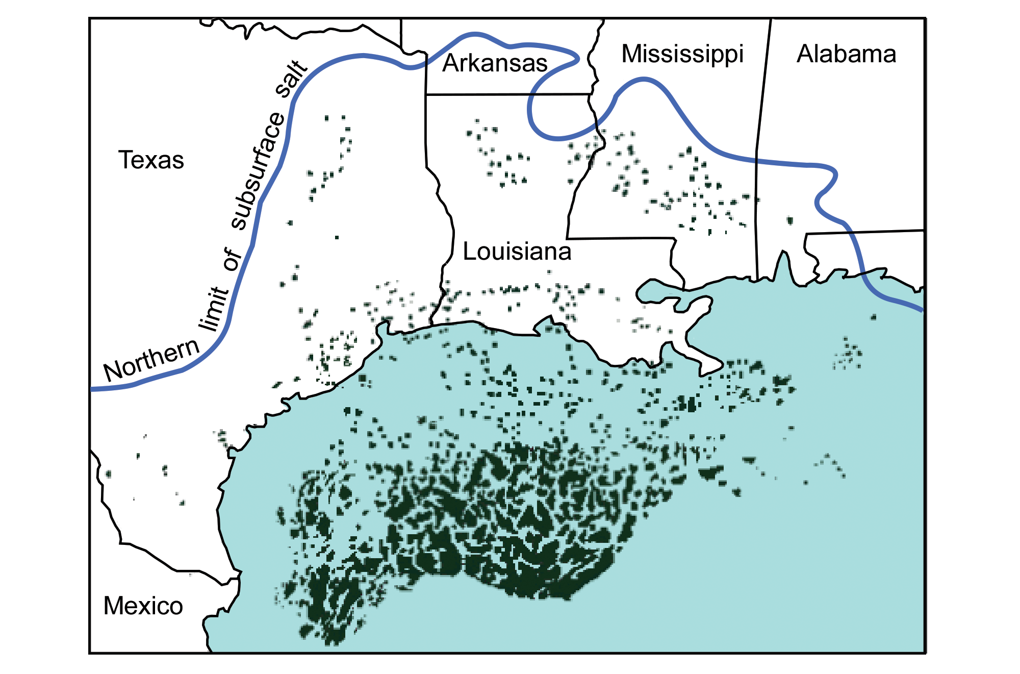 Map of the Gulf Coast and adjacent Gulf of Mexico region showing the distribution of salt structures.
