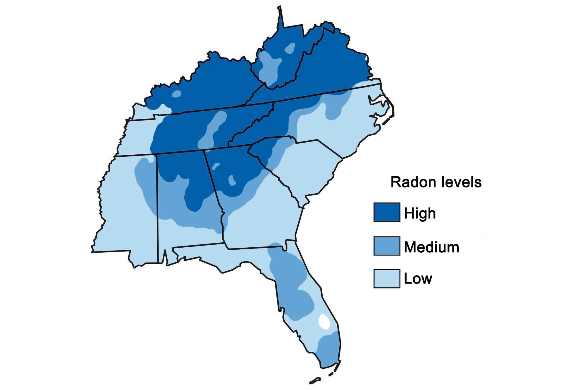 Colored map showing different levels of radon in the southeastern United States.