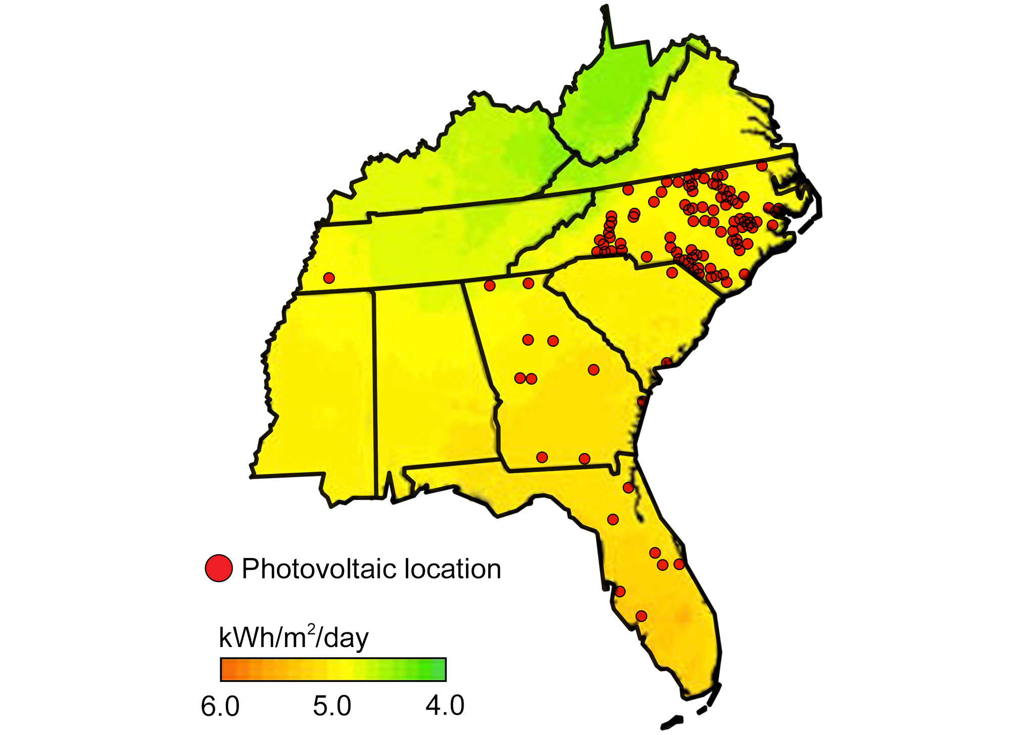 Map showing locations of solar farms in the North US. North Carolina has the most solar energy production.