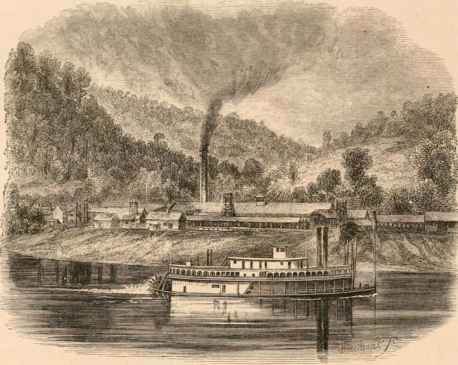 Historical illustration of the Snow Hill Salt Works, Kanawha River, West Virginia.