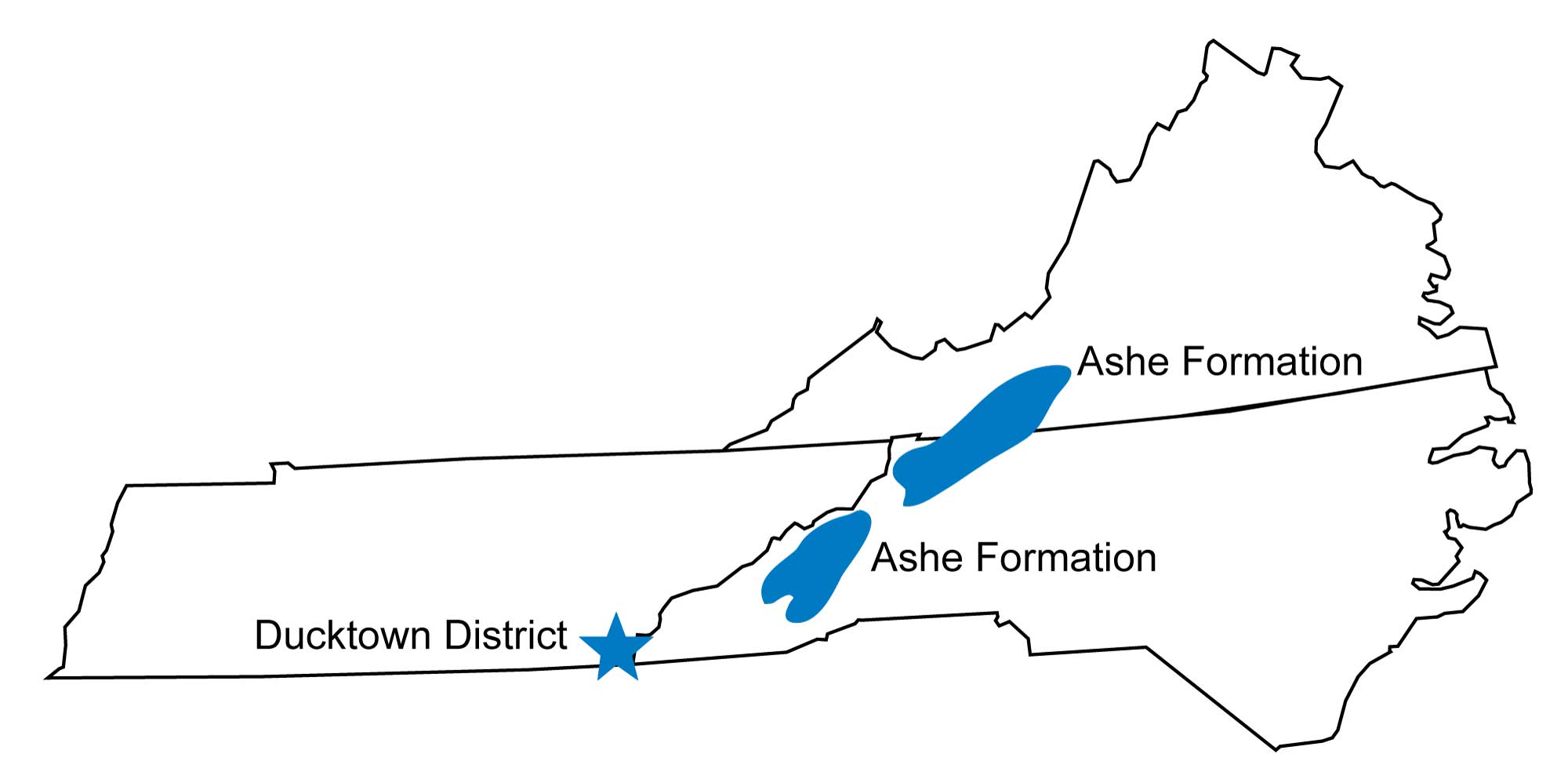 Map of Tennessee, Virginia, and North Carolina showing the positions of the Gossan and Ducktown sulfide districts.