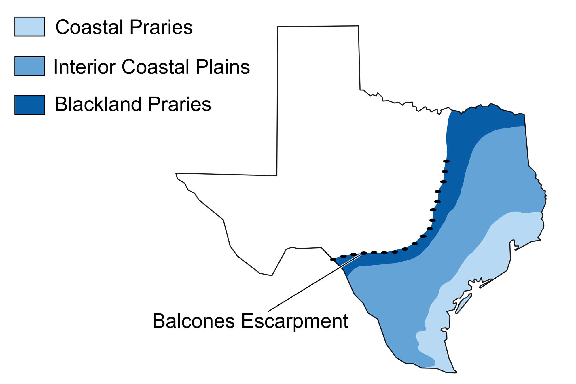 Simple map showing the physiographic provinces of the Coastal Plain region of Texas.