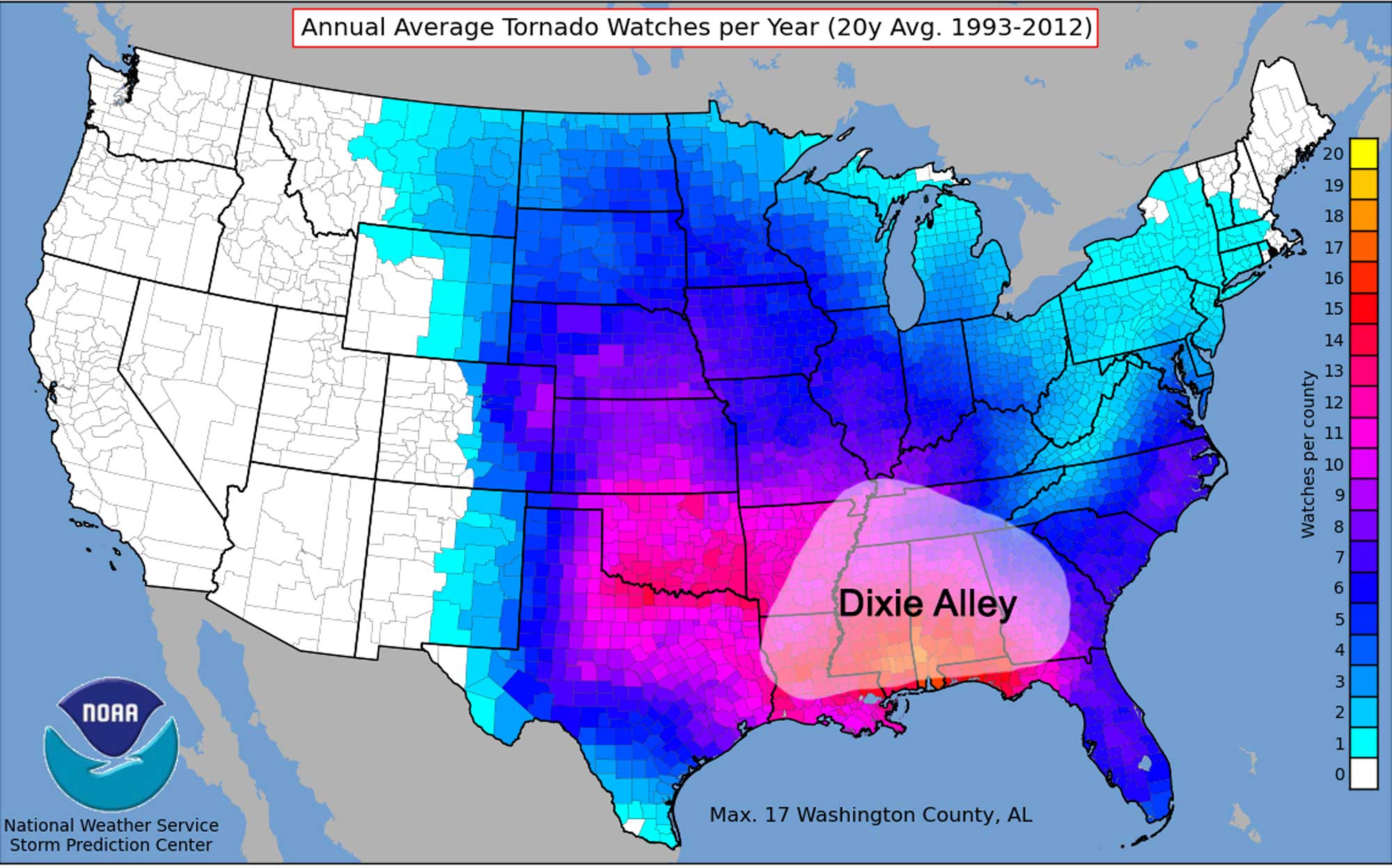 Map of the United States showing the frequency of tornado watches in individual counties, with a region in the southeast known as "Dixie Alley" identified.