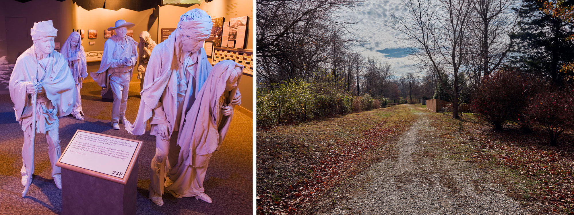 2-Panel figure, color images of Trail of Tears. Panel 1: Sculptures of people on the Trail of Tears. Panel 2: Preserved portion of the Trail of Tears in Missouri flanked by wooded areas.