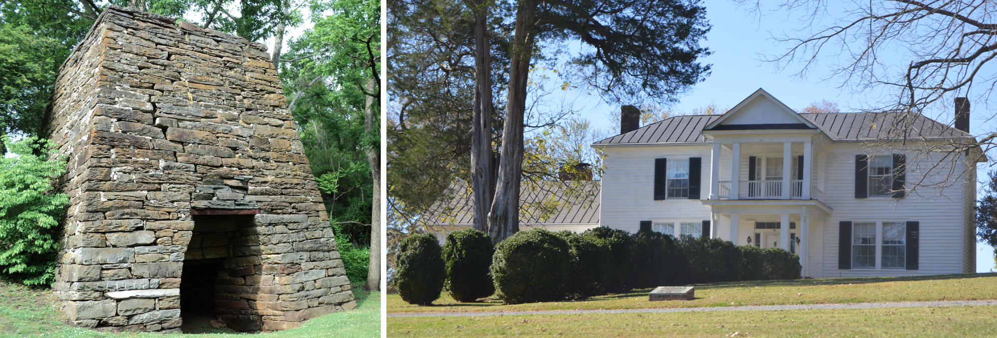 2-panel figure showing structures associated with historical iron works in Virginian. Panel 1: A stone iron furnace built around 1770. Panel 2: A two-story house used at the ironmaster's quarters built in the early 1800's.