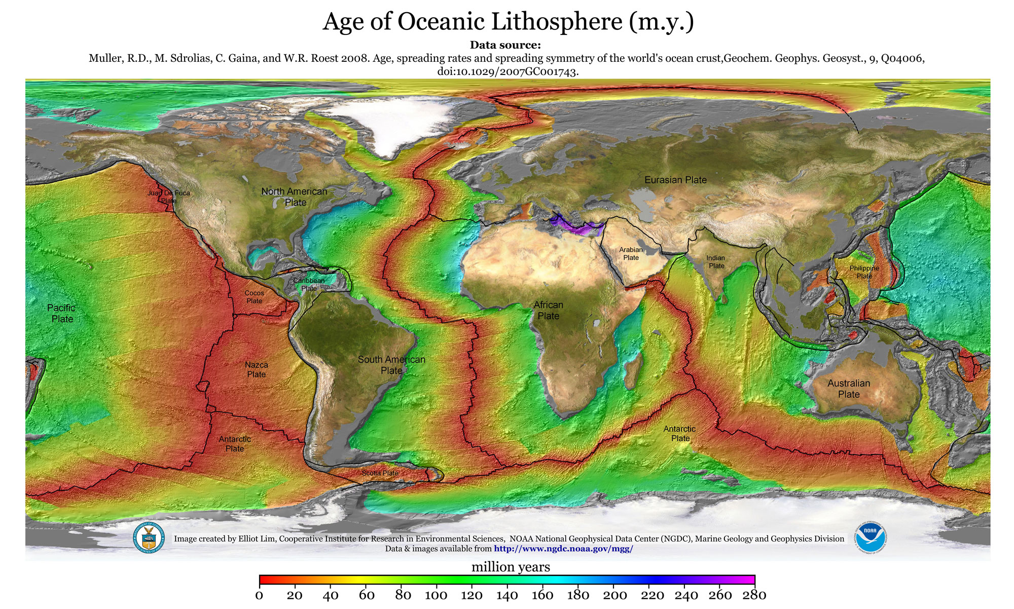 Map of the world centered on the Atlantic Ocean showing the plate boundaries. The ocean floors are color-coded to indicate the ages of the rocks making them up. The youngest rocks are near spreading centers.