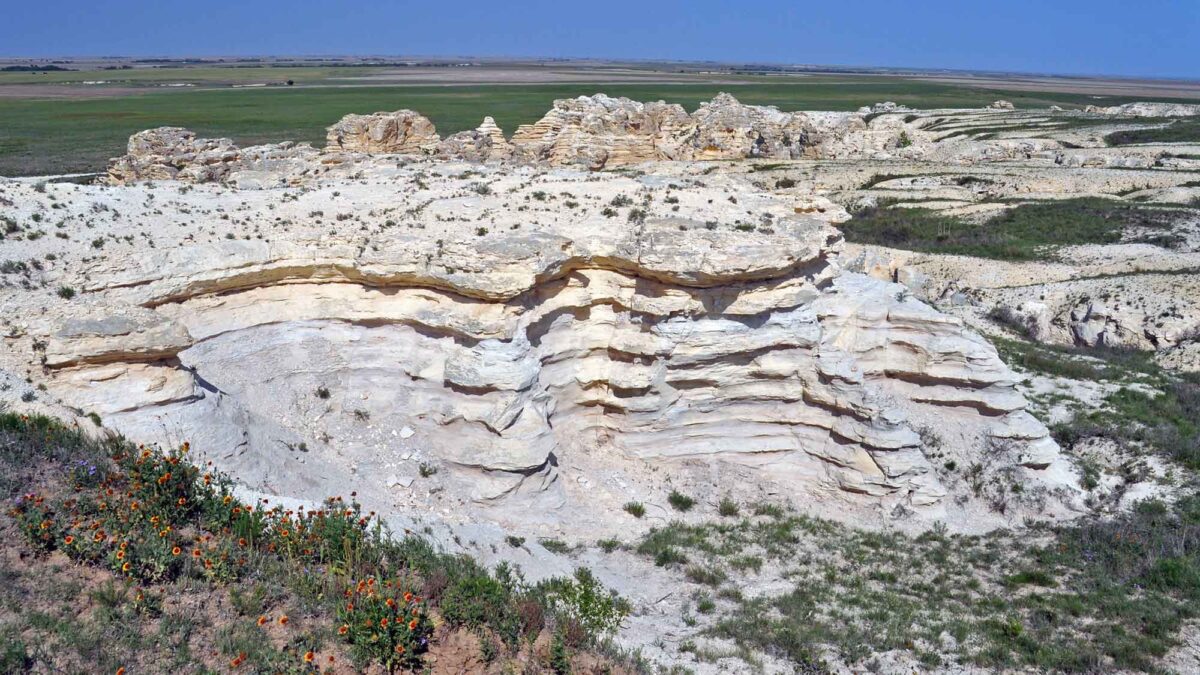 Photograph of Cretaceous-aged chalk badlands in the Plains Border region of Kansas.
