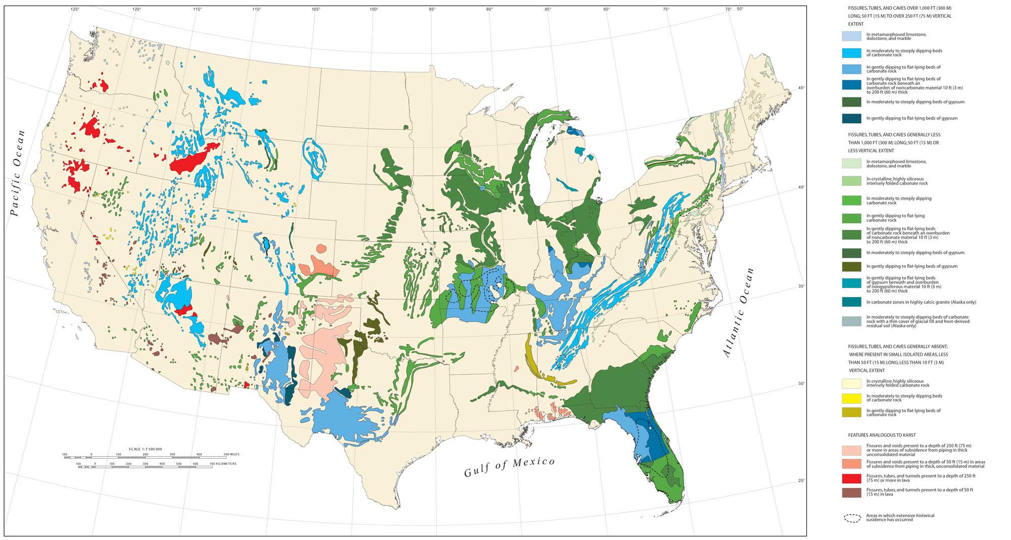 Map of the continental United States showing areas of karst.
