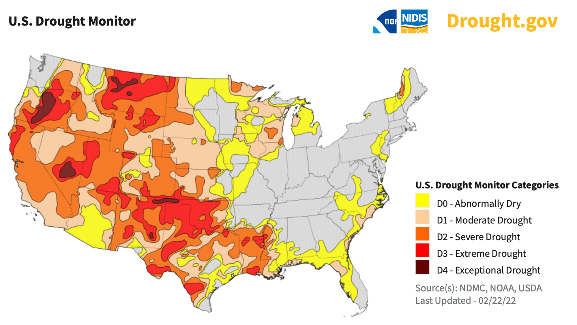 Map of the continental United States showing drought conditions across the country in February 2022. Drought conditions are especially severe in the southern and western parts of the country.