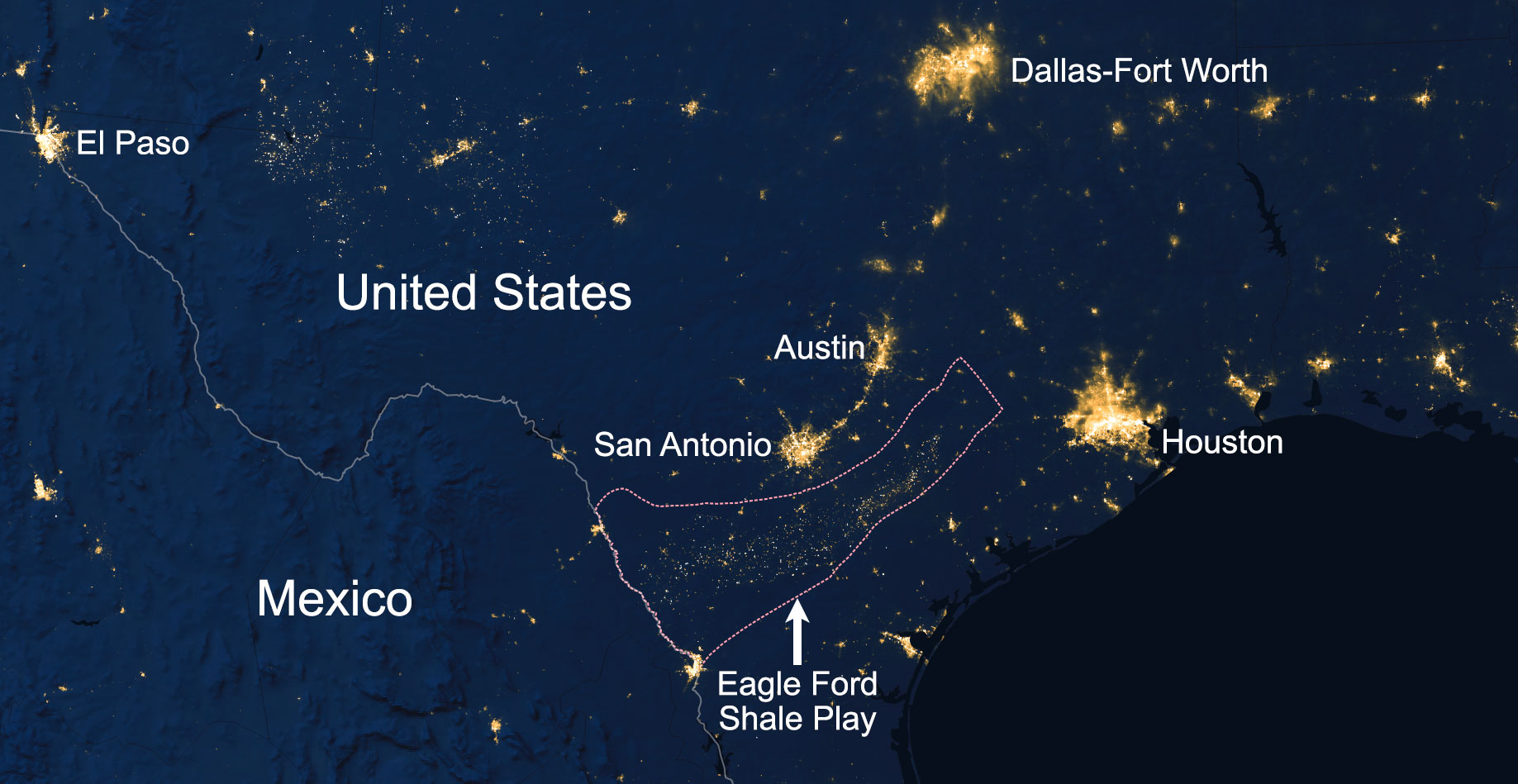 Nighttime satellite image of southern Texas with bright lights indicating areas of development. El Paso, Dallas-Fort Worth, Austin, San Antonio, and Houston are labeled. The Eagle Ford Shale Play in southern Texas is outlined. In the play, a smattering of lights indicates the extent of development associated with the fracking industry.
