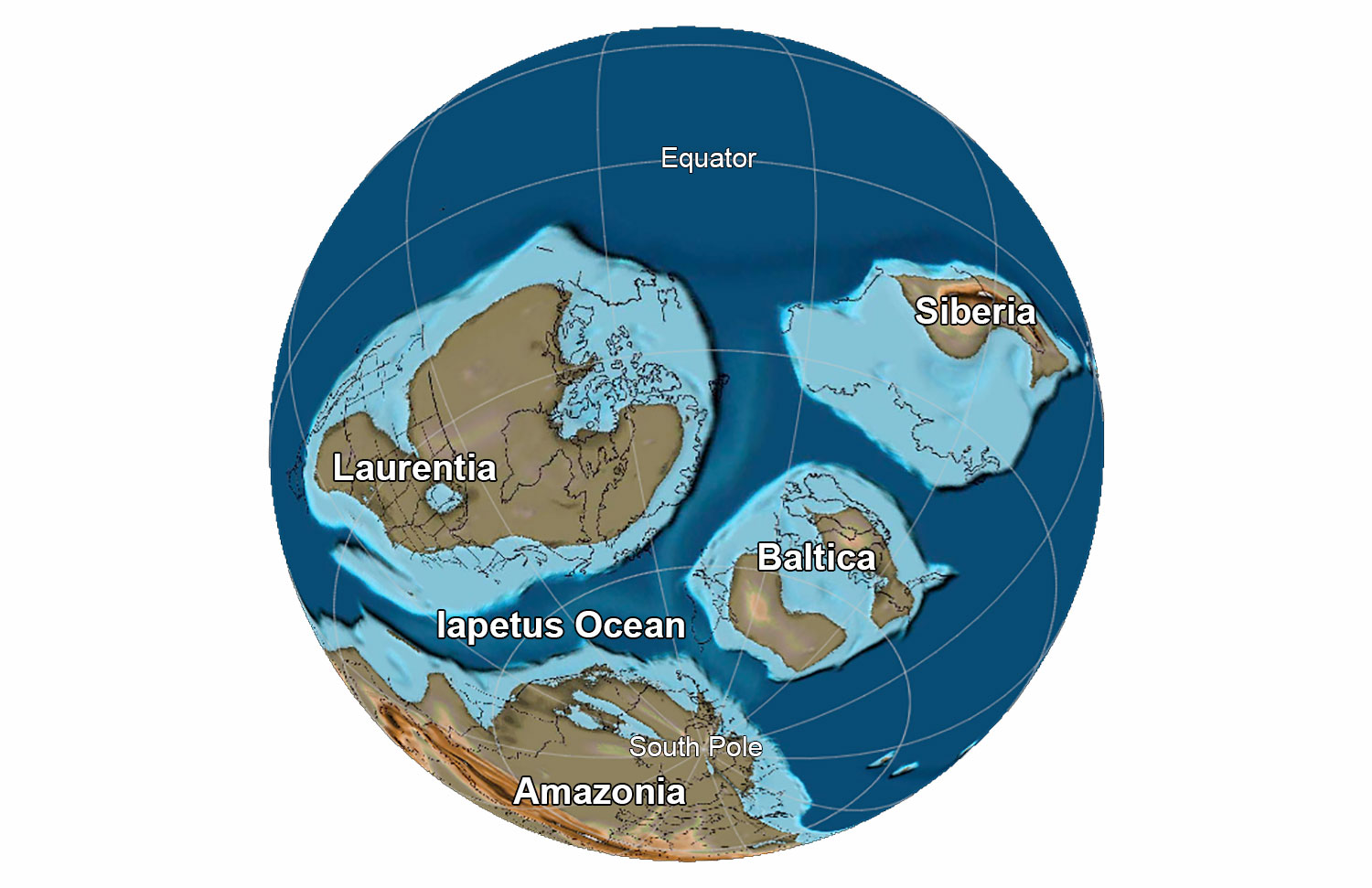 The globe (Earth) about 565 million years ago, near the end of the Precambrian. Laurentia is turned about 90 degrees clockwise from North America's present position and much of the present-day eastern and western US are underwater.