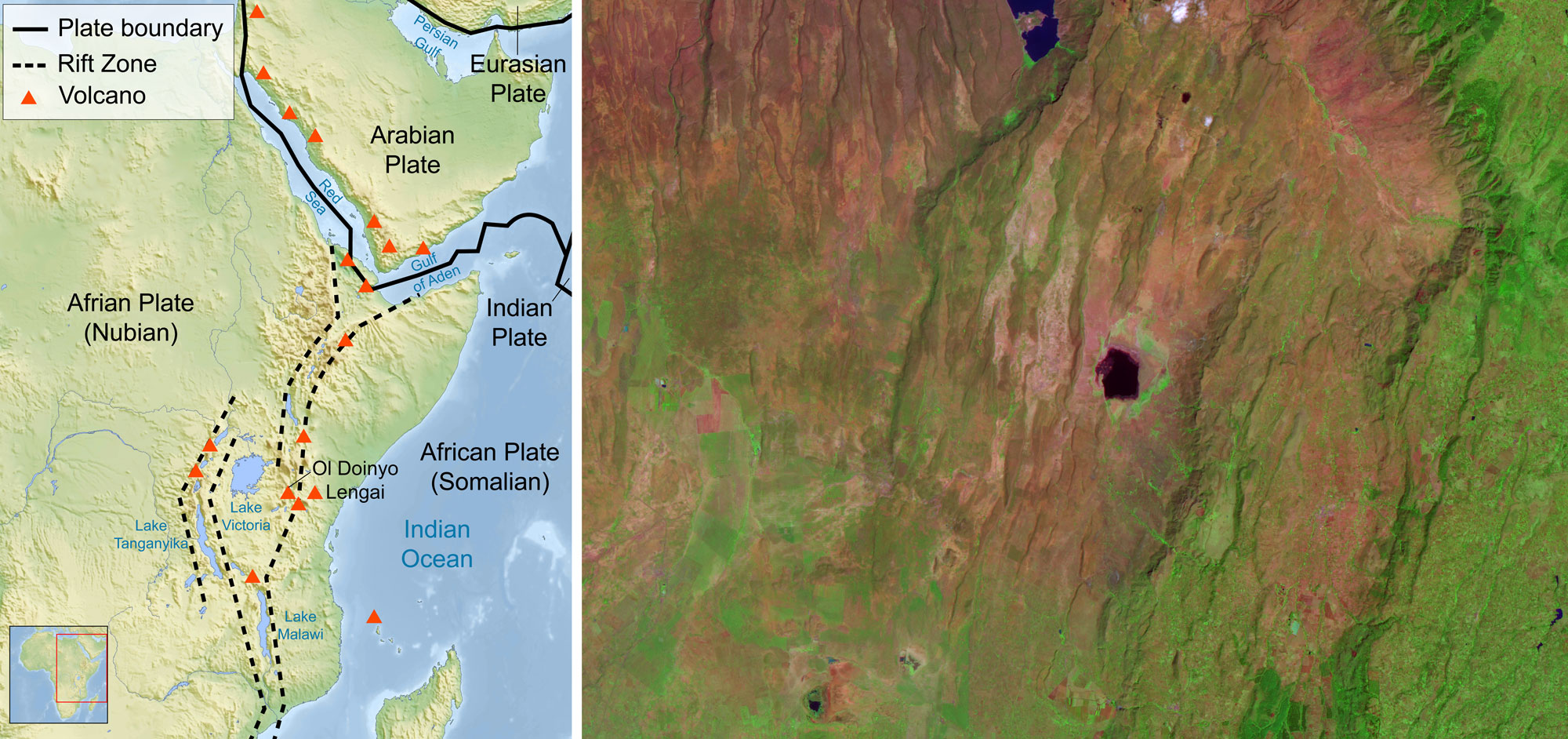 2-Panel image showing rift formation in modern East Africa. Panel 1: Map of the East Africa-Arabia region showing rift zones running north-south from the Red Sea-Gulf of Aden region through the Lake Victoria, Lake Tanganyika, and Lake Malawi regions. Panel 2: Satellite view of a rift valleys in Kenya showing them oriented roughly parallel to one another.