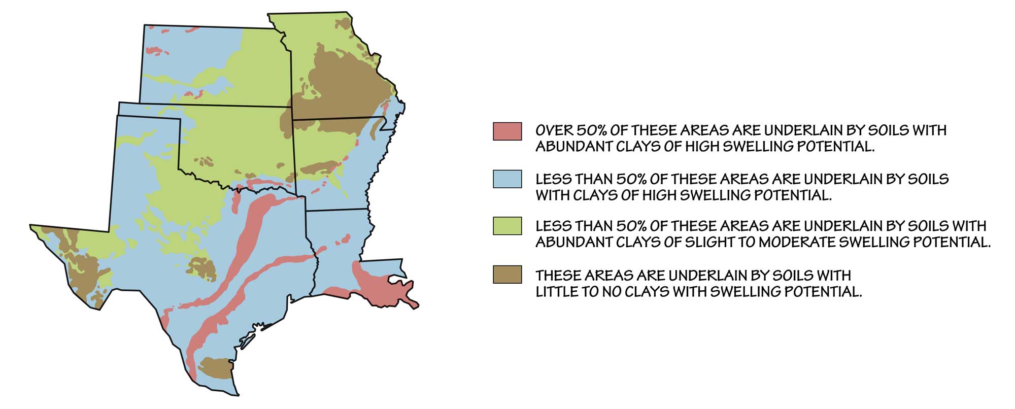 Map showing the distributions of expansive soils in the South-Central United States.