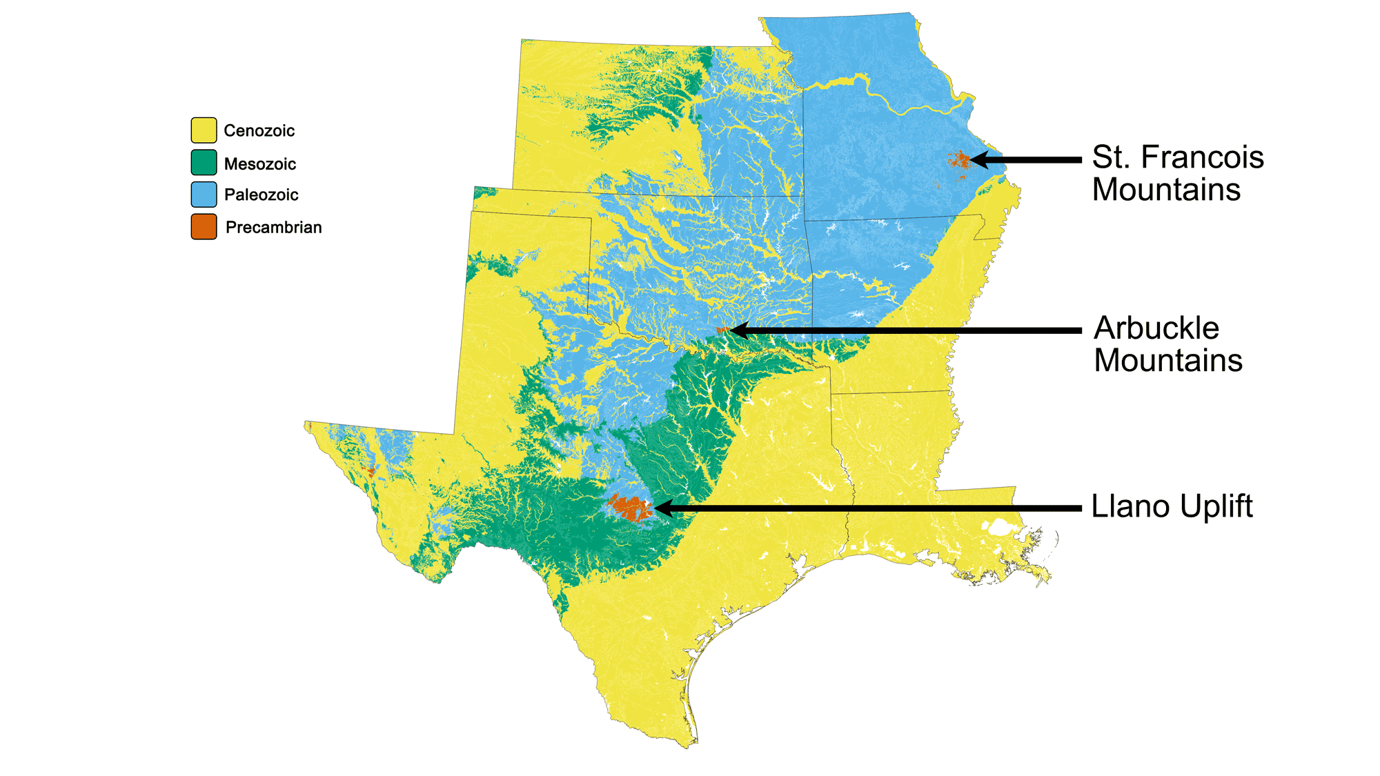 Geologic map of the south-central U.S. with Precambrian, Paleozoic, Mesozoic, and Cenozoic rocks color-coded. Precambrian rocks of the St. Francois Mountains in Missouri, Arbuckle Mountains in Oklahoma, and the Llano Uplift in Texas are labeled.