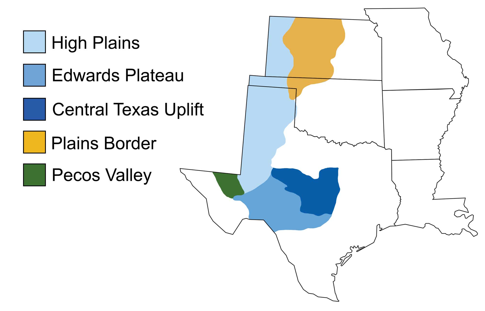 Simple map showing the five topographic subregions of the Great Plains region of the South Central United States.